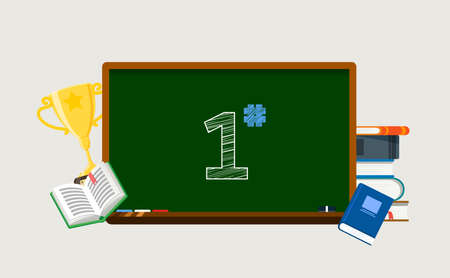 Concept illustration of leadership. Green board with golden trophy, stack of books. Isolated on a white backgroundのイラスト素材