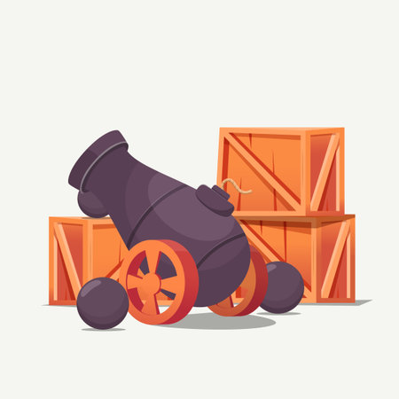 Vector illustration of cannon ball with stack of wooden box, and ammunition. Isolated on a white backgroundのイラスト素材