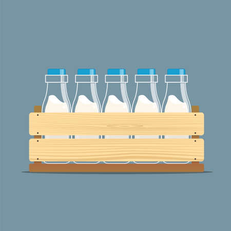 Vector illustration of wooden vegetable box with holes and bottles of milk. Fruit drawer front view. Crate isolated on white background. Box for storage and transportation of food. Flat style designのイラスト素材