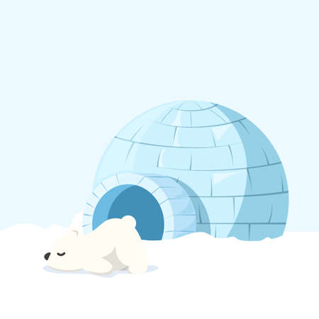 Illustration pour Vector illustration of Igloo on snow ground with baby polar bear. Ice dwelling of the Eskimos. - image libre de droit