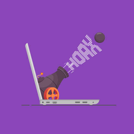 Vector illustration concept of modernization, and information. Laptop illustration with canon and HOAX word.のイラスト素材