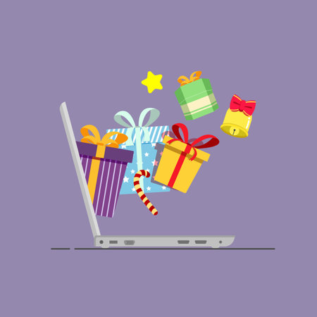 Vector illustration concept of modernization shop, social, and information. Laptop with a Lot of present box appears from itのイラスト素材