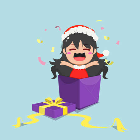 Illustration of a little girl wearing santa clothes and appear from the present box. Concept illustration of Christmas dayのイラスト素材