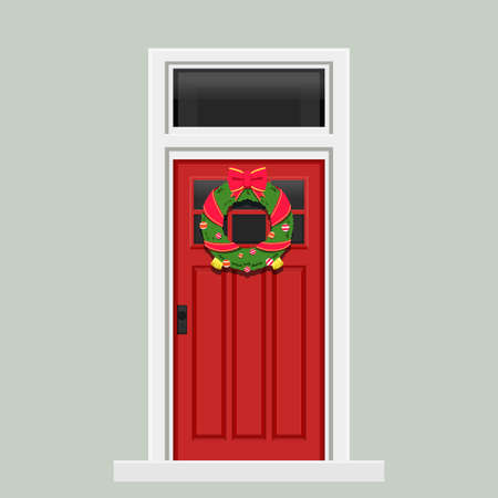 Christmas concept illustration .vector illustration of red door with christmas decorative wreath hanging on itのイラスト素材