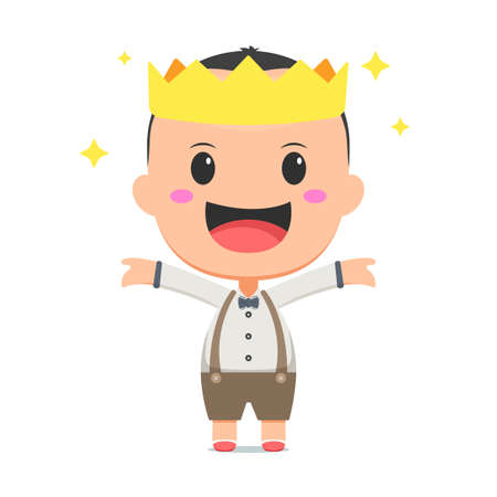 Small boy raises both hands up with golden crown on his head vector illustration isolated on white background. Chibi character illustrationのイラスト素材