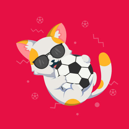 Cute cat playing with football cartoon vector icon illustration. Animal Mascot concept illustration. Flat cartoon styleのイラスト素材