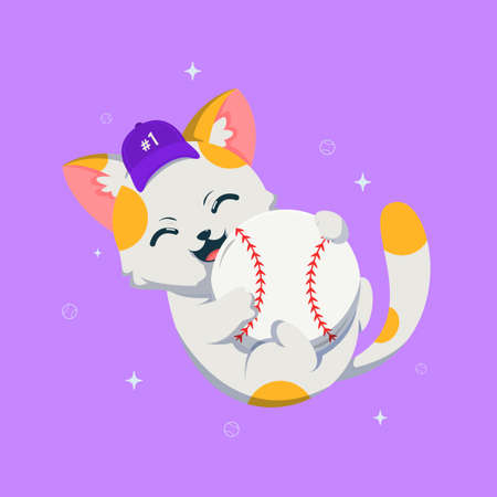 Cute cat playing with Baseball cartoon vector icon illustration. Animal Mascot concept illustration. Flat cartoon styleのイラスト素材