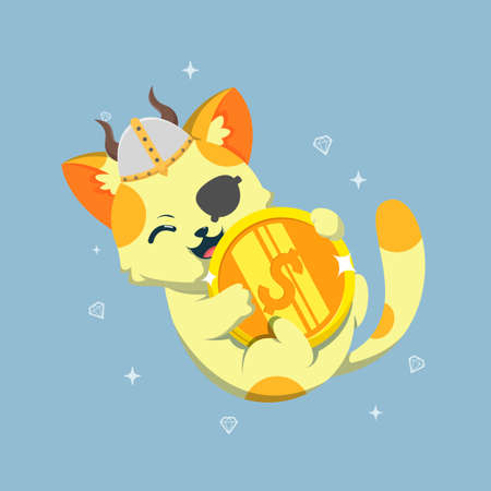 Cute cat playing with gold coin cartoon vector icon illustration. Animal Mascot concept illustration. Flat cartoon styleのイラスト素材