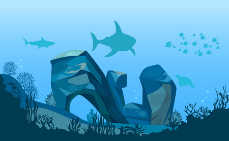 Underwater silhouette background. Undersea coral reef, ocean fish, marine algae, sharks, and light waterのイラスト素材