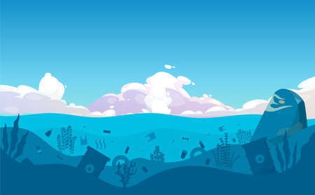 Illustration of dirty underwater surface with different kind of garbage, sky, big cloud, fauna, coral reef, seaweed, algae, plants. Silhouette polluted ocean surfaceのイラスト素材