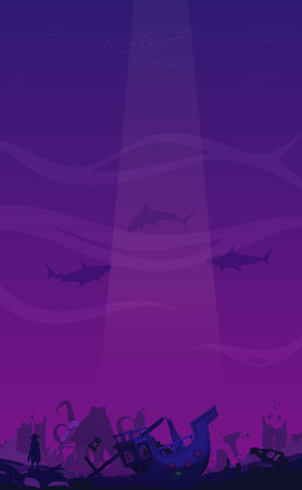 Underwater scenery and fishes with sunken pirate ship wreck with sea ruins, pirate ghost, dark water, treasure chest and skullのイラスト素材