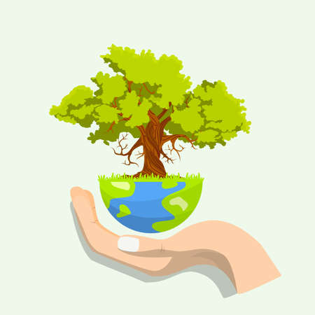Concept illustration of go green, big tree growth on a person's handのイラスト素材