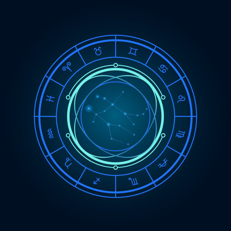 Magic wheel with gemini star sign and twelve signs of the zodiac in a dark background, astrology, esotericism. Astrology zodiac star signs magic circleのイラスト素材