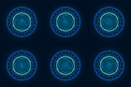 Magic wheel set #1 with twelve star signs of the zodiac in a dark background, astrology, esotericism. Astrology zodiac star signs magic circleのイラスト素材