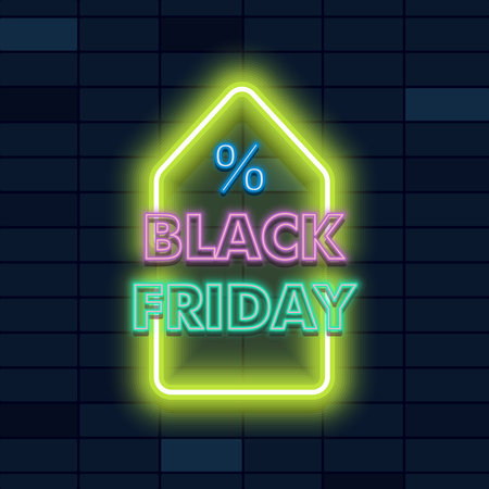 Black Friday Sale neon sign. Horizontal light banner with a big sale logo, emblem neon shape and brick wall backgroundのイラスト素材