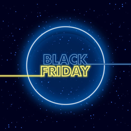 Black Friday Sale neon sign. Horizontal light banner with a circle neon shape and outer space backgroundのイラスト素材