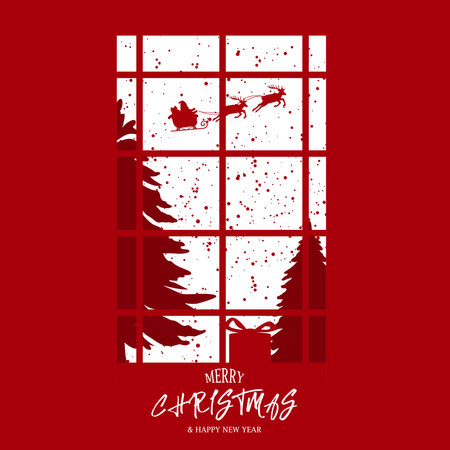 Modern Christmas Greeting Card with santa sleigh, forest, window, present box and snow outside a windowのイラスト素材