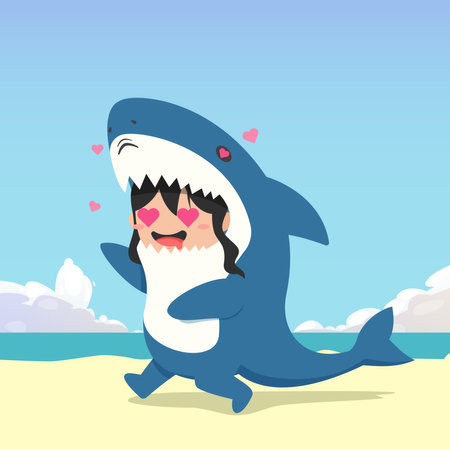 little girl wearing a shark costume character falling in love isolated on a beach background. little girl wearing a shark costume character emoticon illustrationのイラスト素材