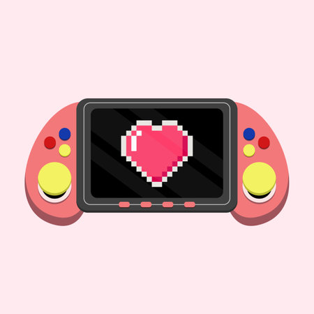 A pixel art illustration of a video game console with love icon on the screen. Valentine...