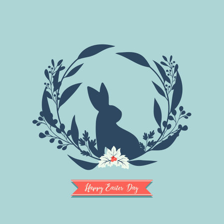 Happy Easter banner, poster, greeting card. Classic easter design with typography, bunny, and flowers in silhouetteのイラスト素材