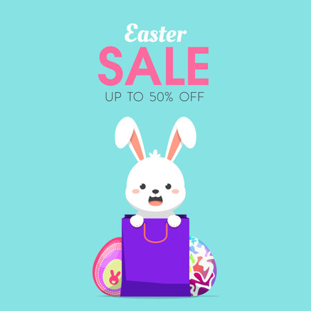 Easter sale banner, poster. Cute easter sale design with bunny, shopping bag, eggs, discount and typography in cartoon styleのイラスト素材