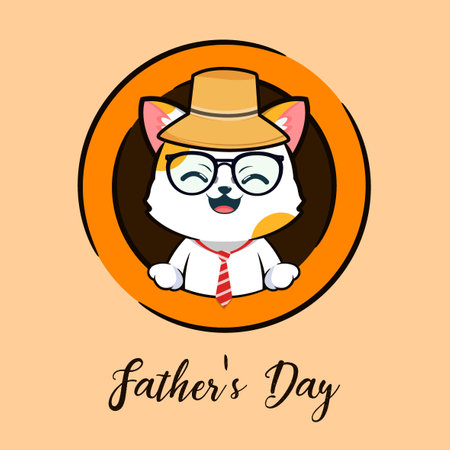 Father's day vector illustration. Cute Cat dad with tie, brown hat inside a circle and Father's Day textのイラスト素材