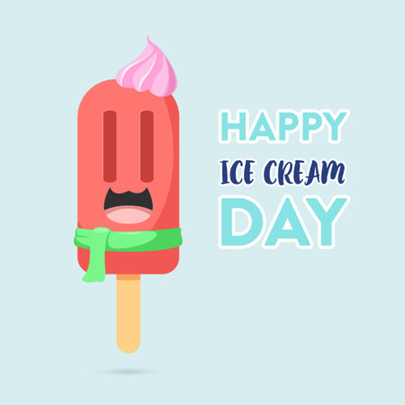 National ice cream day vector illustration for greeting card, poster and banner with Strawberry ice stick character wearing scarfのイラスト素材