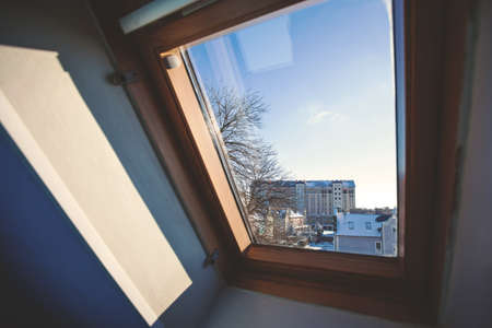 winter sunny view outside the window, retro toned