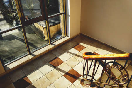 large window by the stairs, interior, retro toned