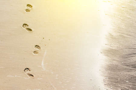 footprints in the sand near the sea, tonedの写真素材