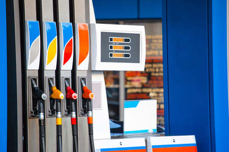 columns with gasoline at a gas stationのeditorial素材