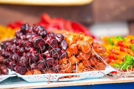 appetizing sweet multi-colored oriental sweets, churchkhela or sudzhukの写真素材