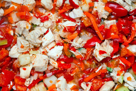 cooking a stew of fresh vegetables and chicken fillets, flat lay
