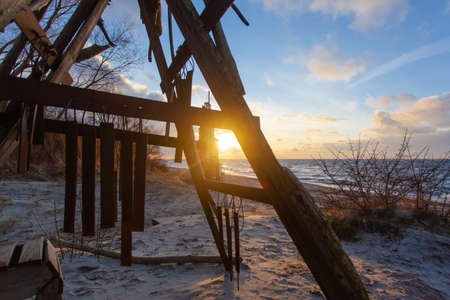 beautiful landscape of sea sandy beach during sunsetの写真素材