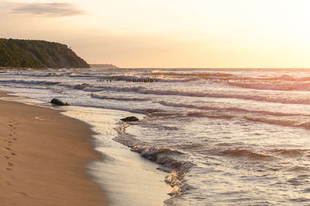 sandy beach, sheer shore on the horizon and a summer sunset over the sea