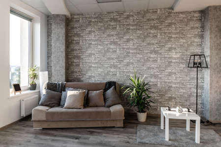 cozy apartment interior with sofa, houseplant and coffee tableの写真素材