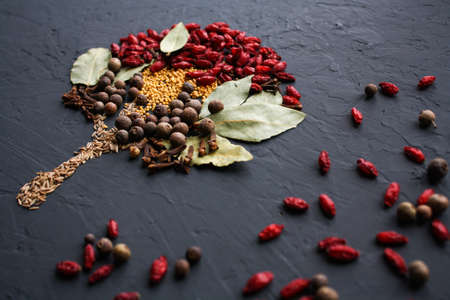 A tree lined with different spices is located on a dark surface. Culinary art.の写真素材