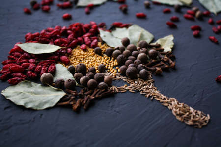 Wood on a dark surface, lined with barberry, cumin, Bay leaf, cloves, black pepper and mustard seeds.の写真素材