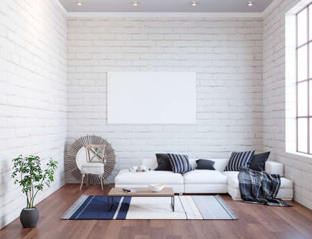 3d rendering of loft living room with brick wall