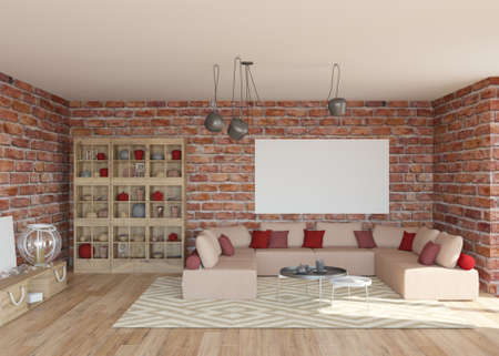 3d rendering of loft living room with bookshelf