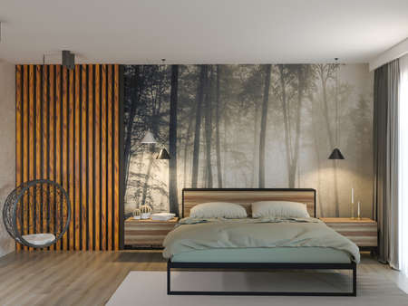 3d rendering of new mysterious loft interior with wooden planks. Bedroom ideaの写真素材