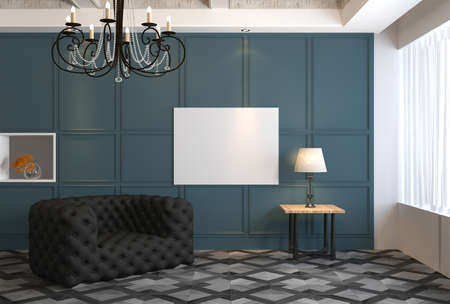 3d rendering of new mock up pattern with black leather armchair in moldings interior