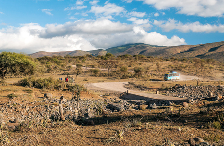 SERENGETI, TANZANIA - MAY 2014. Tourist in jeep safari in the road of National Park of Tanzania. They are traying see animals.のeditorial素材