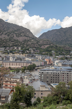 ANDORRA LA VELLA, ANDORRA - SEPTEMBER 2014. Anonymous people walking through the central streets of Andorra on a sunny day. It is a city surrounded by the mountains of the Pyrenees.のeditorial素材