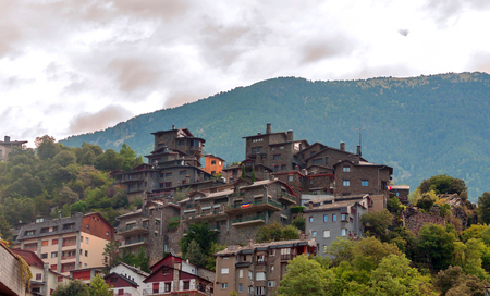 Aerial view of Andorra la Vella with the mountains of the Pyrenees in the backgroundの写真素材