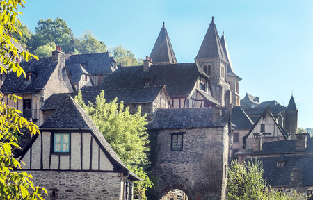 Streets of Conques in the mountains of southern France on a sunny dayの写真素材