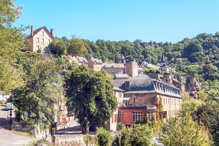 Streets of Conques in the mountains of southern France on a sunny day