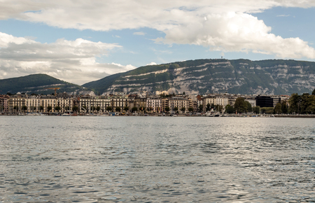 Leman lake in the Swiss city of Geneva on a cloudy dayの写真素材