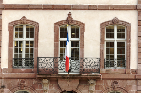Facades of colorful houses in Alsace in northern France on a sunny dayの写真素材