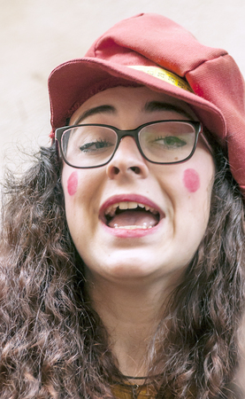 CADIZ, ANDALUSIA, SPAIN-FEBRUARY 2015. Anonymous people disguised singing in the Carnival of Cadiz, Spain.のeditorial素材